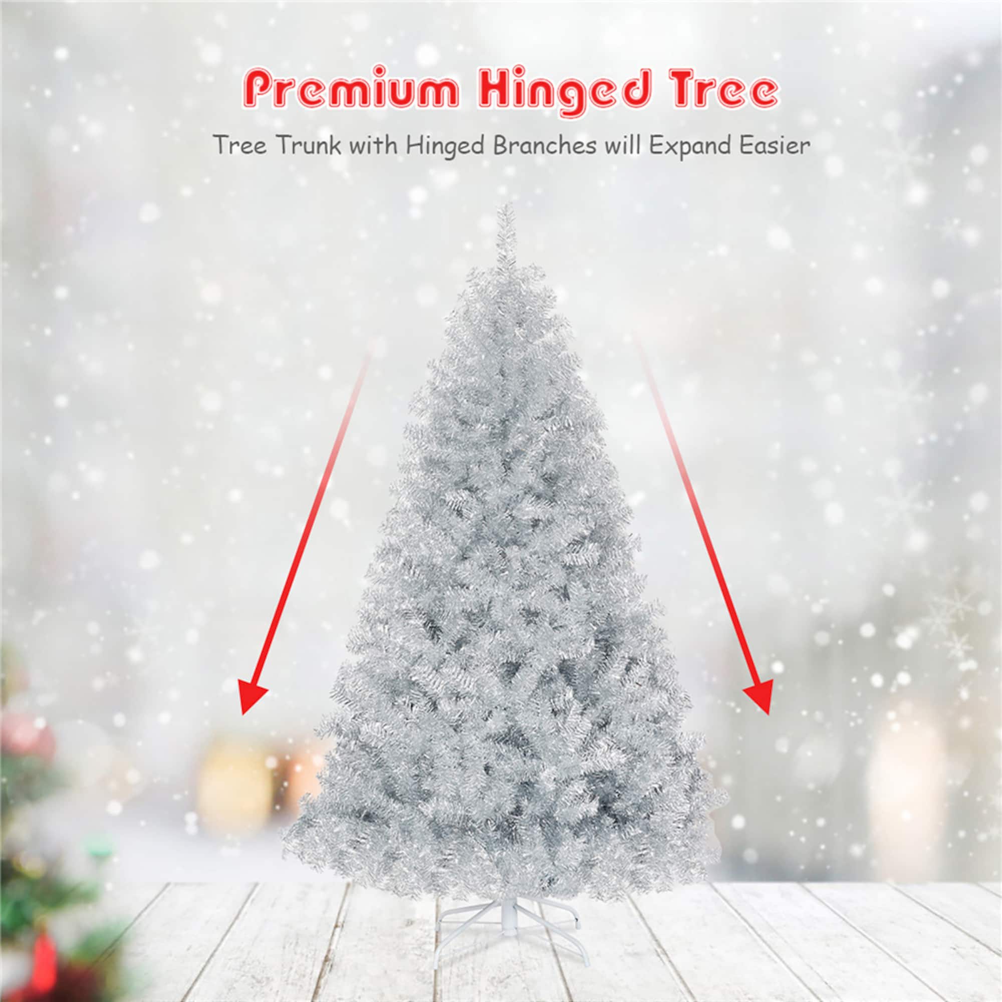 Costway 6ft. Unlit Artificial Silver Tinsel Hinged Christmas Tree with Metal Stand